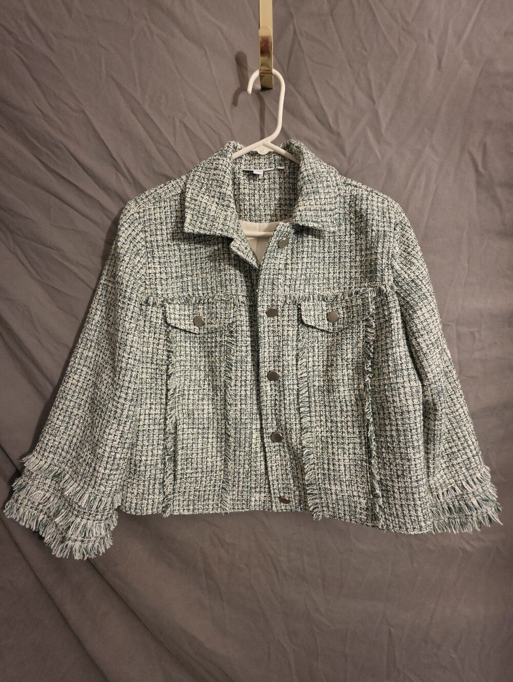 Chico's Mint Green Tweed Fringe Jacket